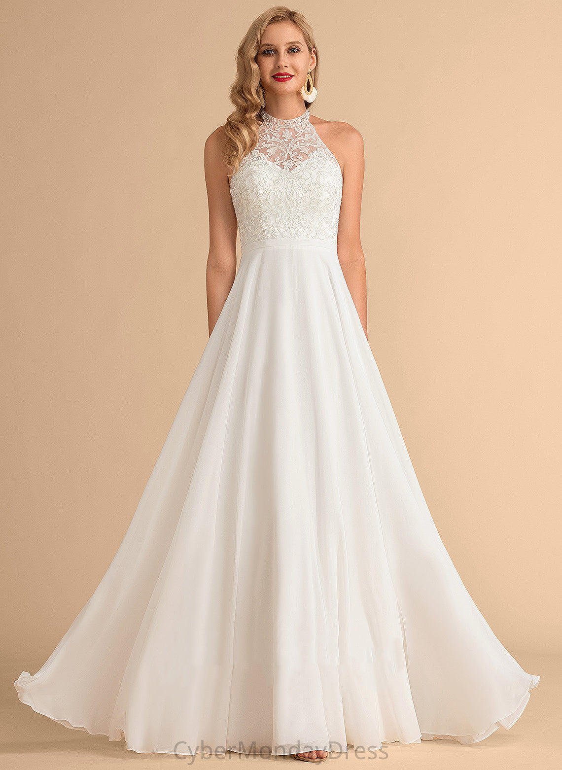 Dress Wedding Wedding Dresses A-Line Melina Neck Lace High Chiffon Floor-Length