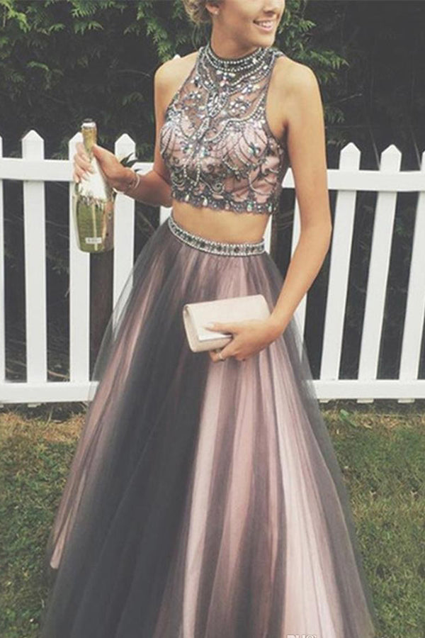 Two Piece A Line Halter Sleeveless Keyhole Back Beading Prom Dresses