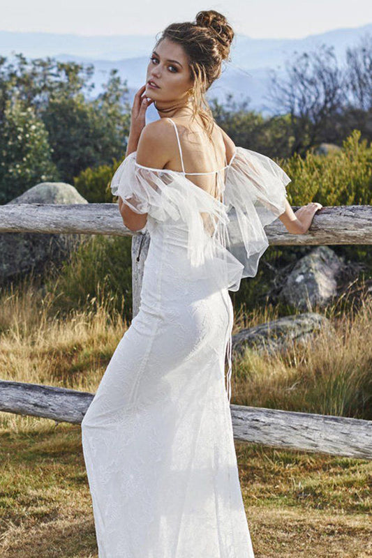 White Sheath Court Train Sleeveless Tulle Beach Wedding Dresses