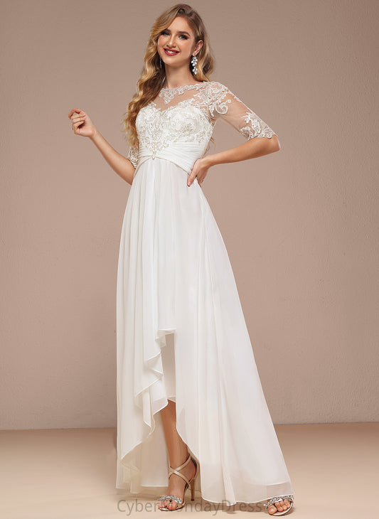 Lace A-Line Chiffon Jordin Dress Boat Asymmetrical Wedding Neck Wedding Dresses