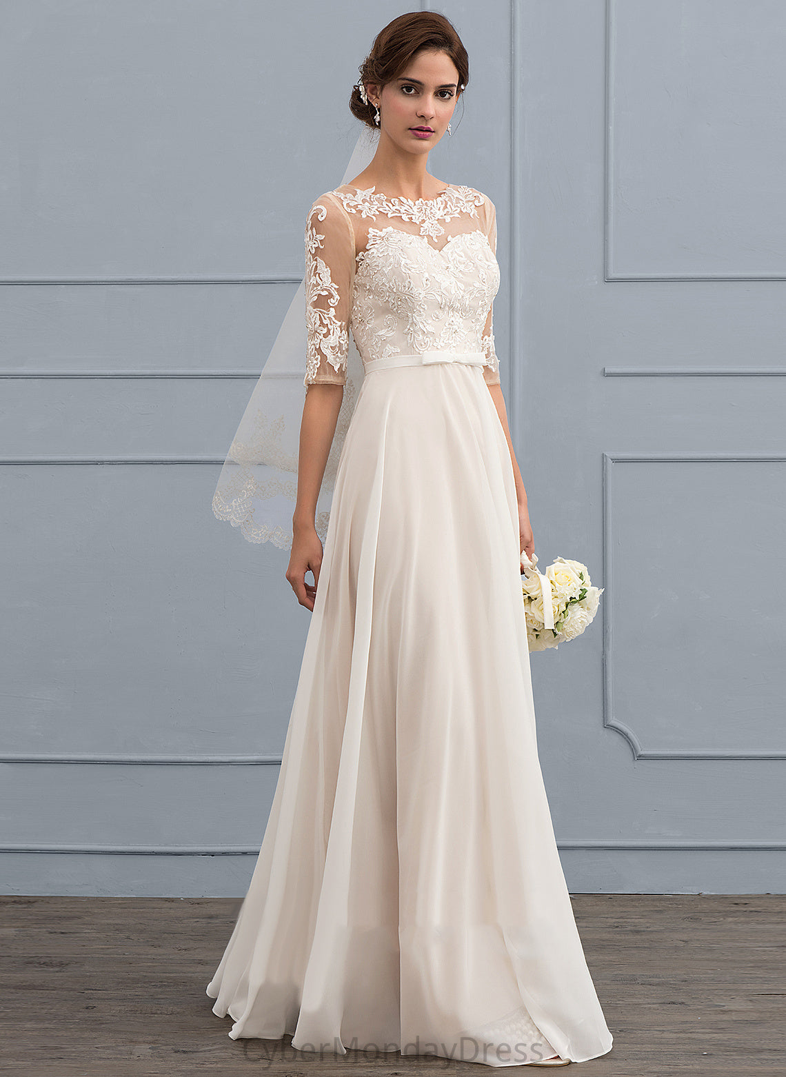 A-Line With Dress Savannah Lace Chiffon Beading Wedding Dresses Sequins Illusion Bow(s) Floor-Length Wedding