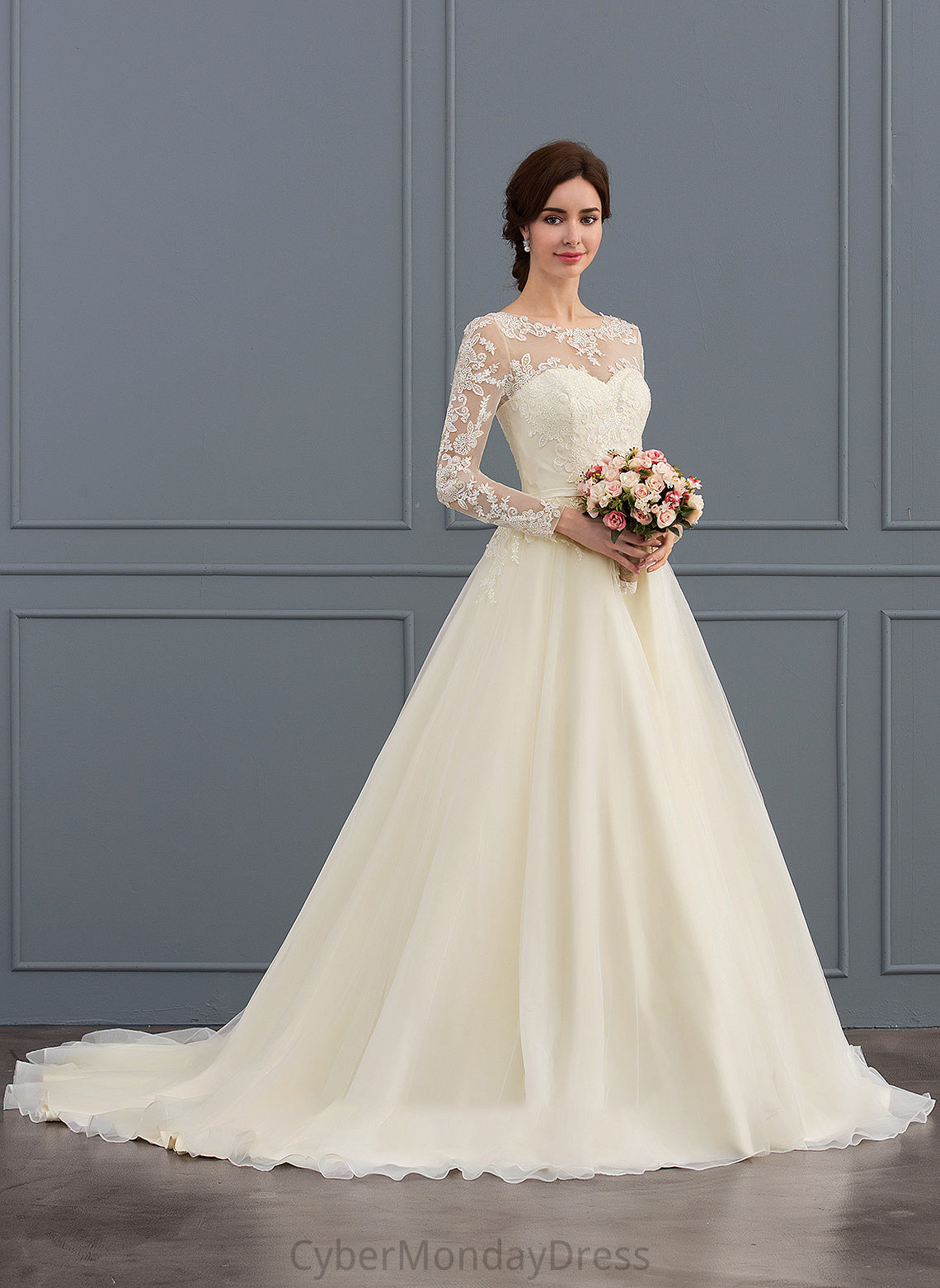 Ball-Gown/Princess With Dress Wedding Lace Olga Train Sequins Illusion Beading Tulle Wedding Dresses Court