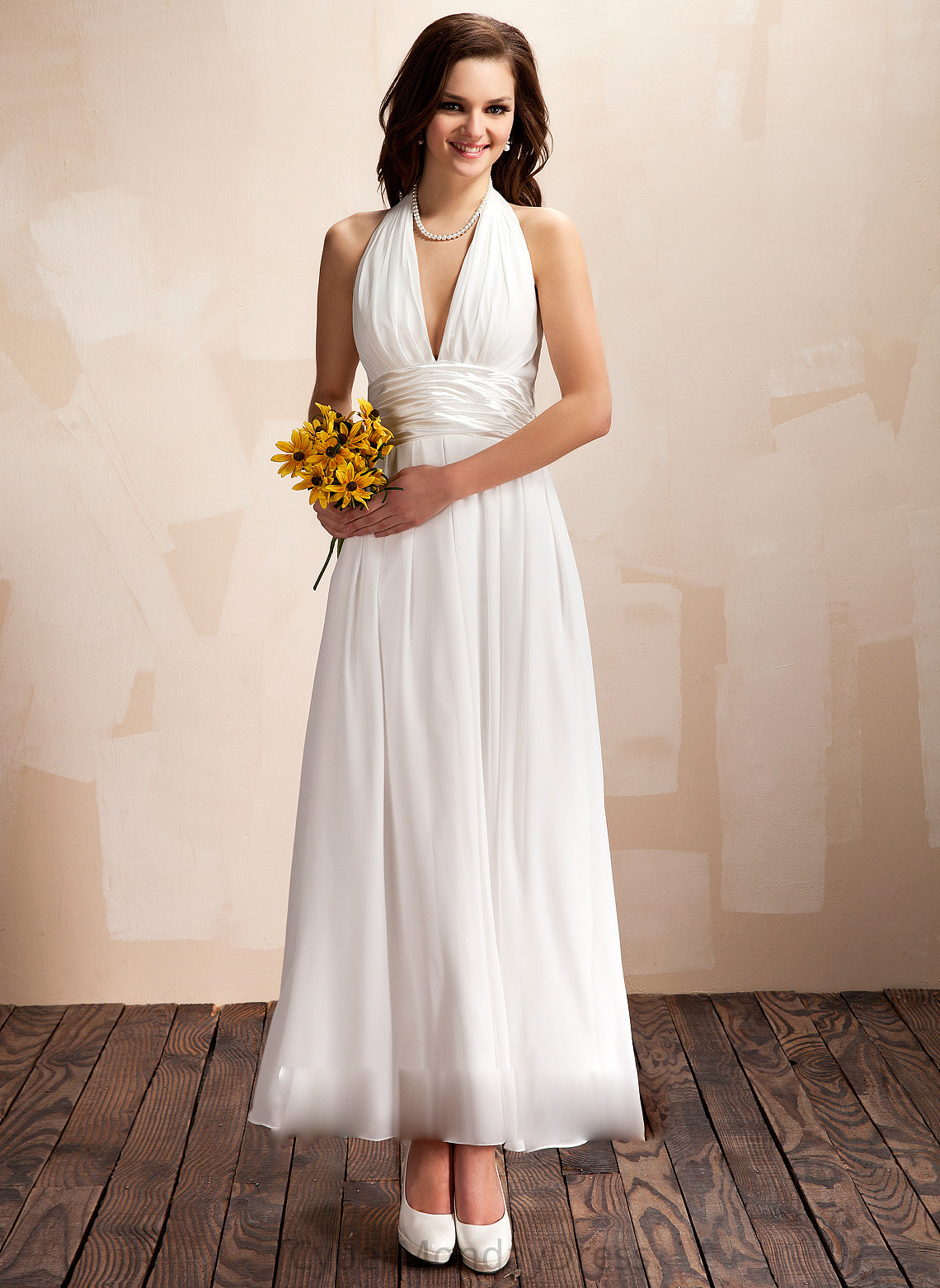 Wedding Dresses With A-Line Bow(s) Ankle-Length Wedding Halter Ruffle Chiffon Dress Vivian