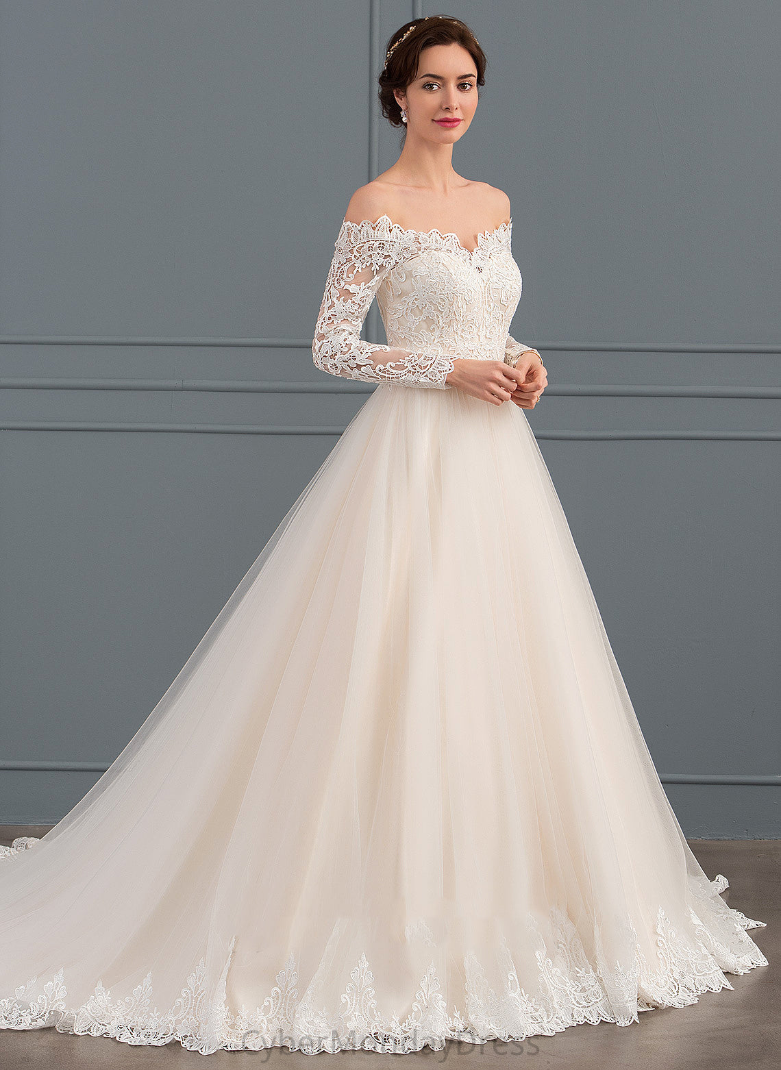 Ball-Gown/Princess Melanie Dress Tulle Off-the-Shoulder Train Chapel Lace Wedding Wedding Dresses