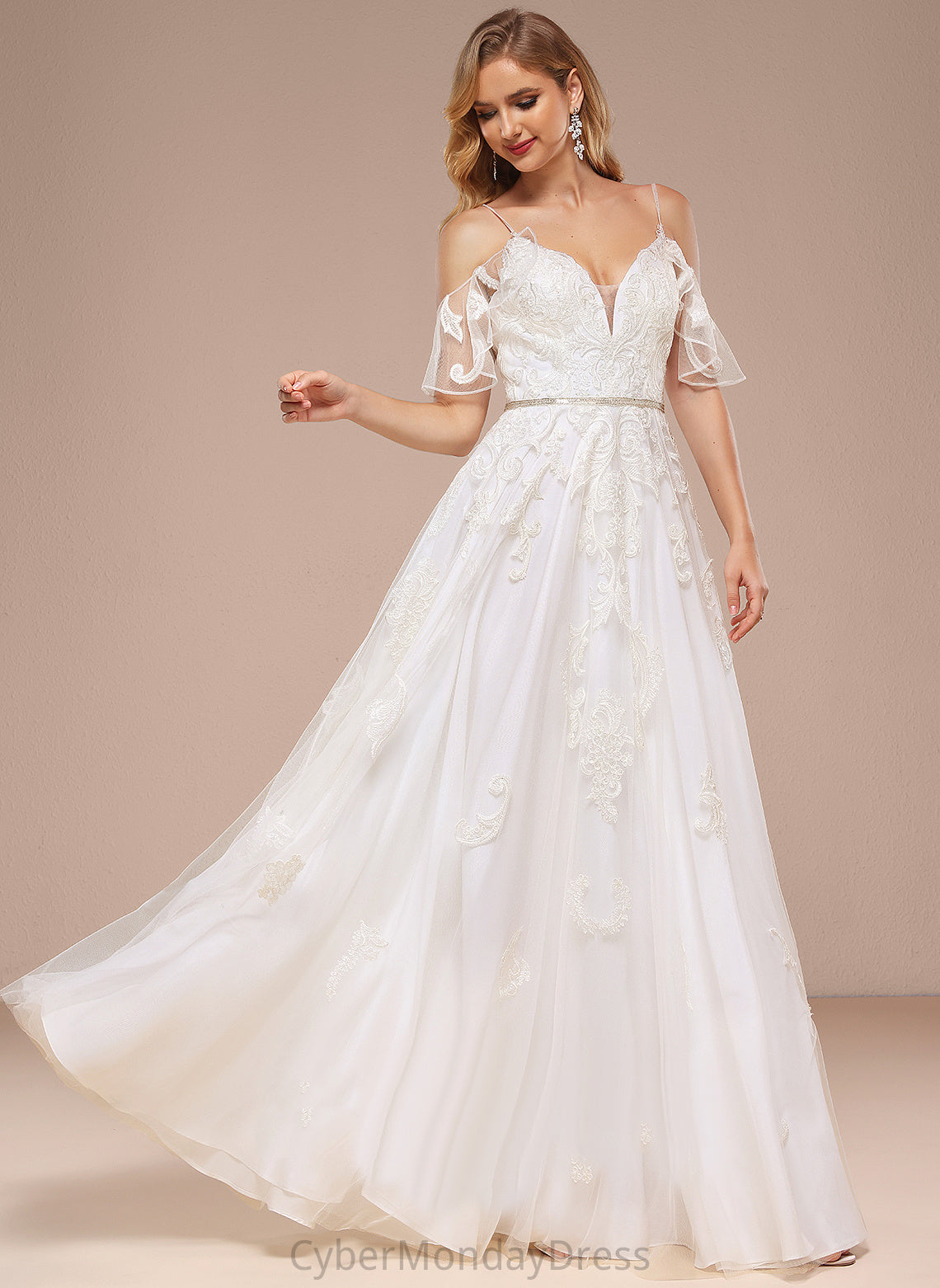 Beading Dress Wedding Dresses With Shoulder A-Line Wedding Catalina Tulle Cold Lace Sequins Floor-Length