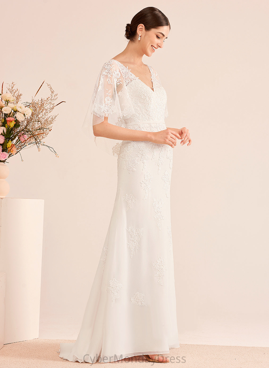 Court Trumpet/Mermaid Wedding With Yazmin Chiffon Wedding Dresses Lace Train Sash V-neck Dress