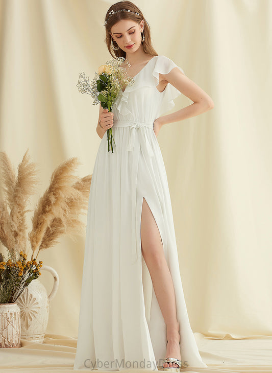 V-neck Wedding Dresses Chiffon Dress Ruffles Wedding Front With Split A-Line Cascading Floor-Length Rosalie