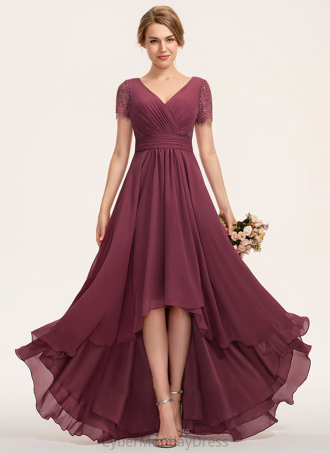 Length Silhouette A-Line Fabric Embellishment V-neck Ruffle Neckline Asymmetrical Juliette Bridesmaid Dresses