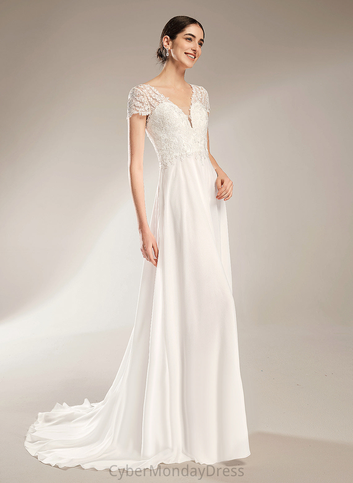 Chiffon Wedding Wedding Dresses A-Line Dress Bow(s) Court Lace Pru Train V-neck With