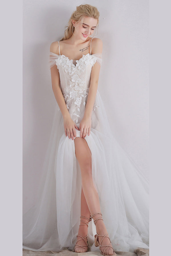 White A Line Sweep Train Sweetheart Spaghetti Appliques Beach Wedding Dresses