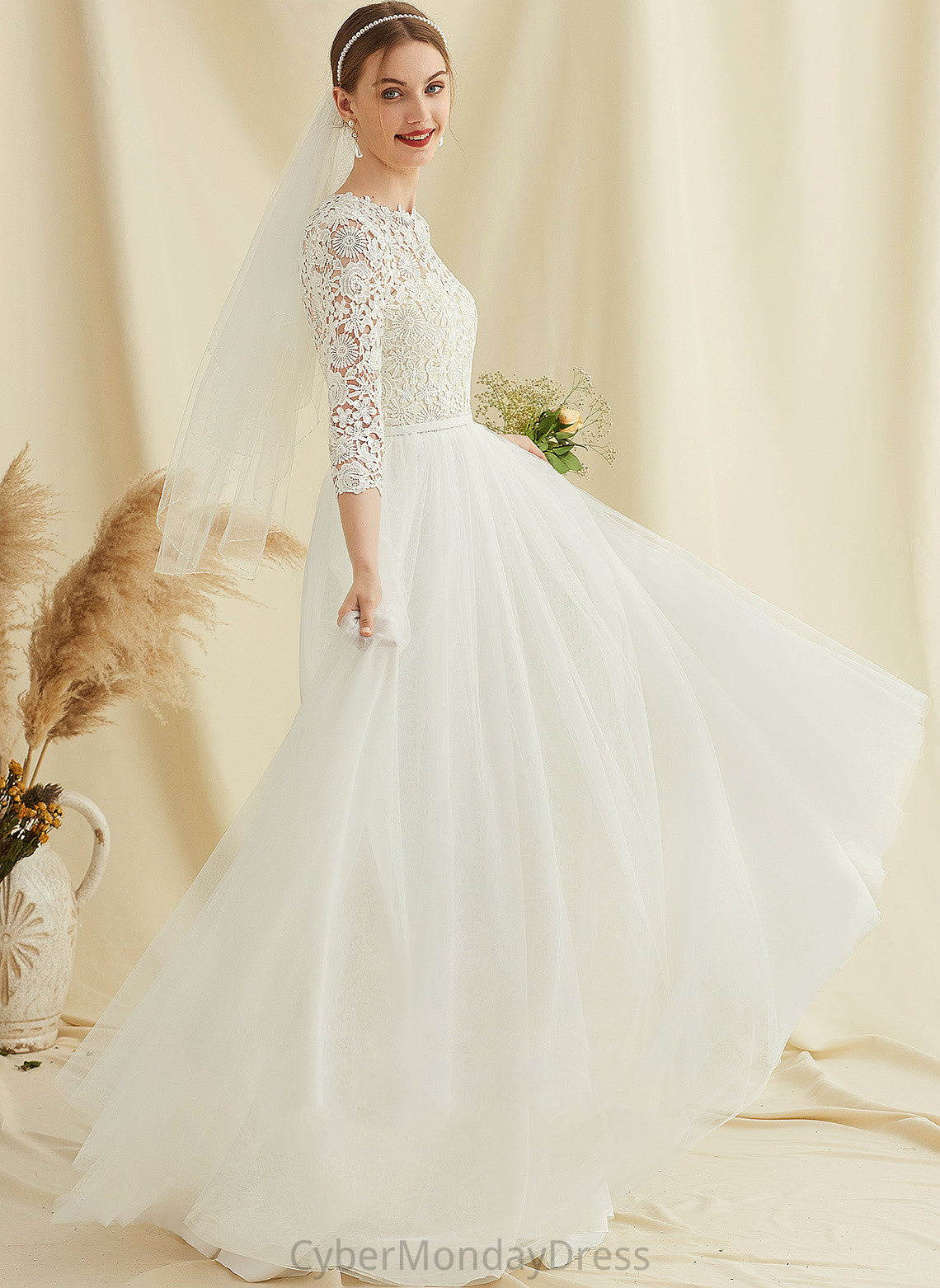 A-Line Sweep Mallory Wedding Train Tulle Wedding Dresses Lace Dress