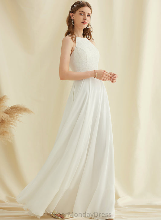 Lace Neck Scoop A-Line Dress Patsy Chiffon Pockets With Wedding Floor-Length Wedding Dresses