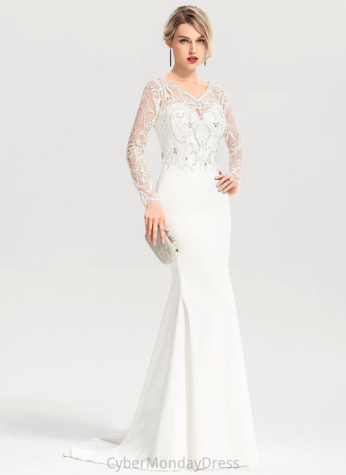 Minnie V-neck Wedding Train With Beading Stretch Trumpet/Mermaid Sweep Lace Sequins Dress Wedding Dresses Crepe