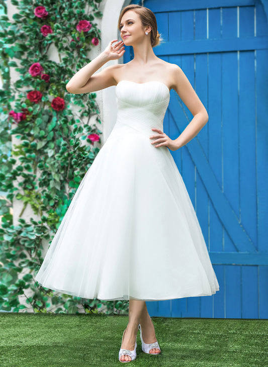 Tea-Length Esperanza Ruffle Wedding Wedding Dresses Tulle A-Line With Sweetheart Dress