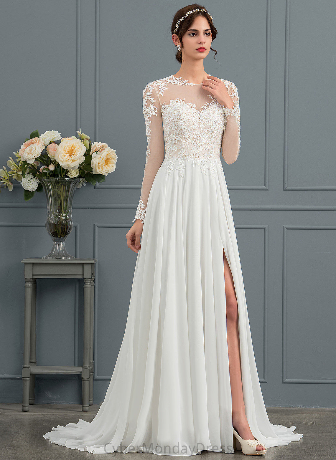 Wedding Wedding Dresses Appliques Sweep Lace A-Line With Split Front Illusion Elianna Train Chiffon Dress Tulle