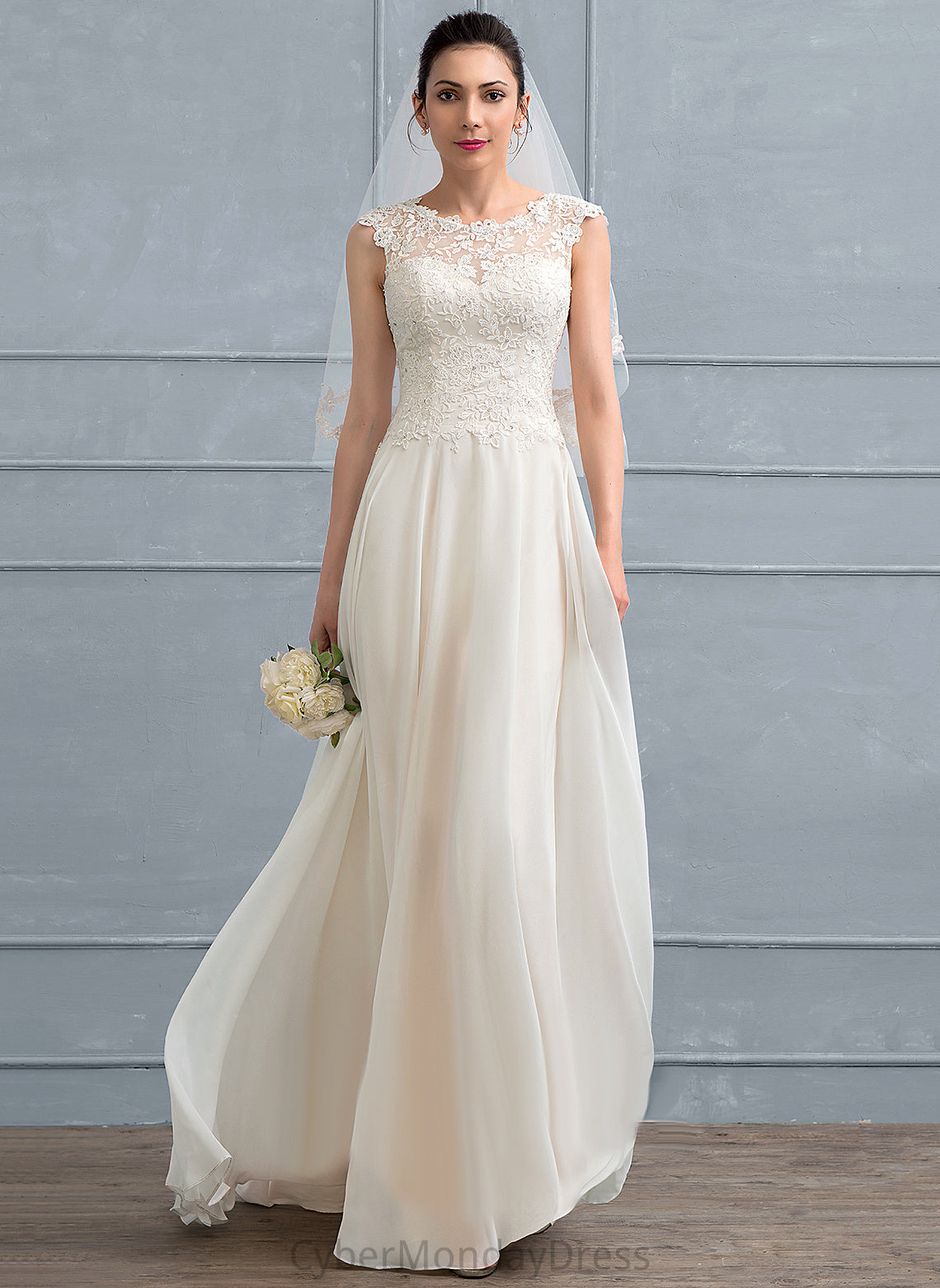 Scoop Samara Neck A-Line Floor-Length Lace With Chiffon Dress Wedding Dresses Sequins Beading Wedding