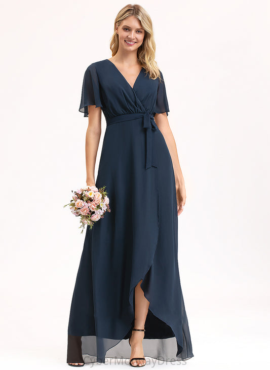 A-Line Asymmetrical V-neck Bow(s) Silhouette Length Fabric Neckline Embellishment Saniya Natural Waist Floor Length Bridesmaid Dresses