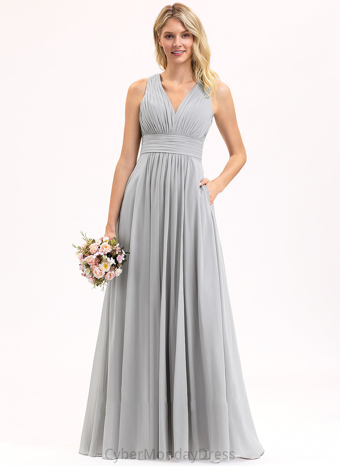 Bow(s) Floor-Length Pockets Length Fabric V-neck Embellishment Silhouette Neckline Ruffle A-Line Xiomara Bridesmaid Dresses