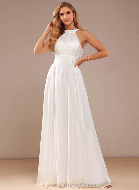 A-Line Wedding Chiffon Neck Dress Ruffle Floor-Length With Wedding Dresses High Lilia