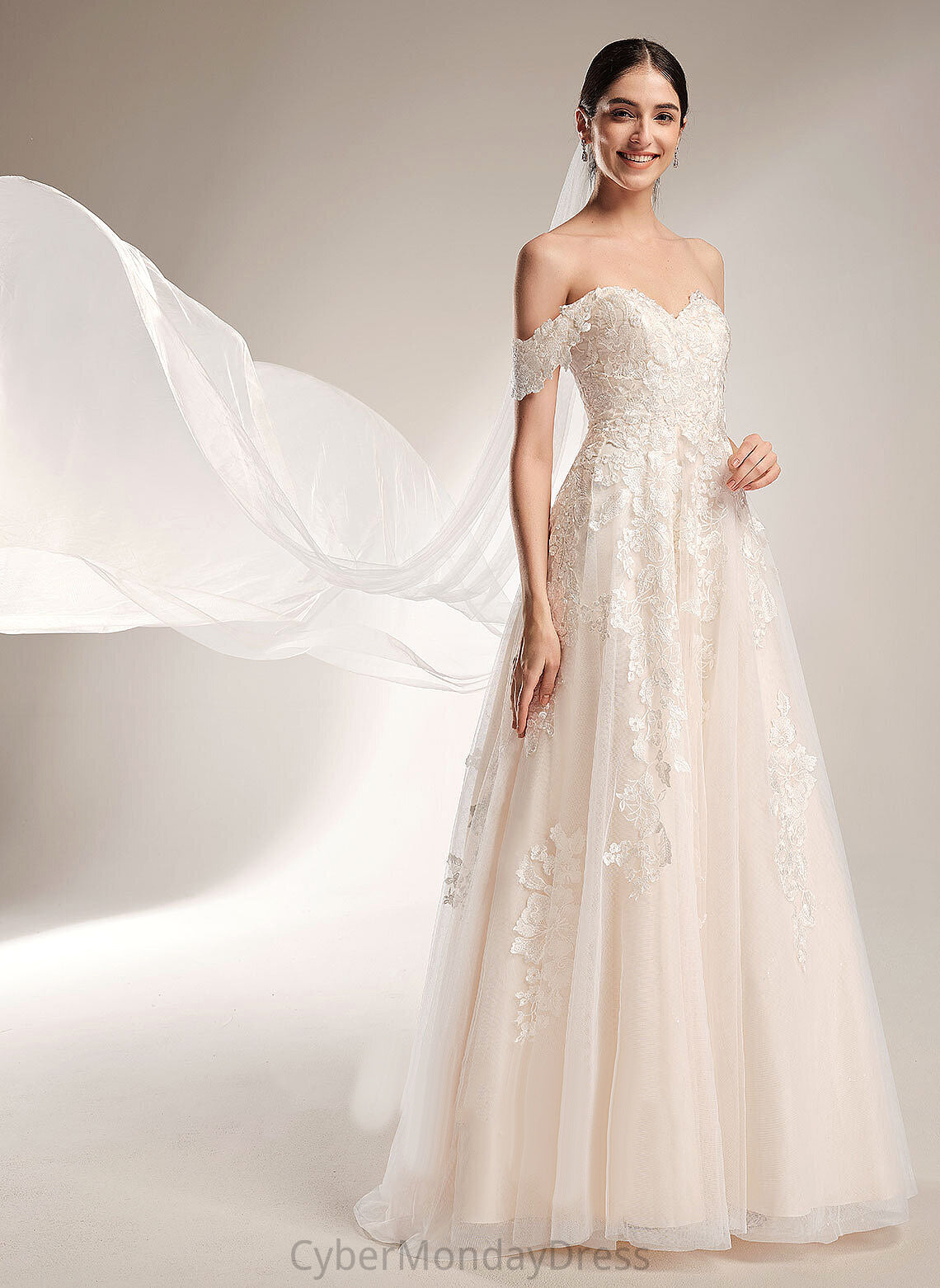 Lace Chapel Ball-Gown/Princess Off-the-Shoulder Wedding Wedding Dresses Ainsley Train Dress Tulle