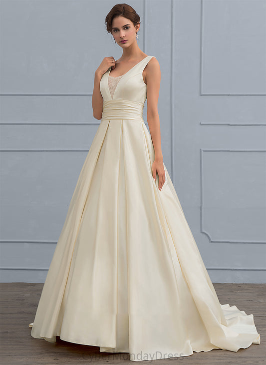 Sweep April Dress Ball-Gown/Princess Lace Wedding Dresses Train Wedding V-neck Satin With