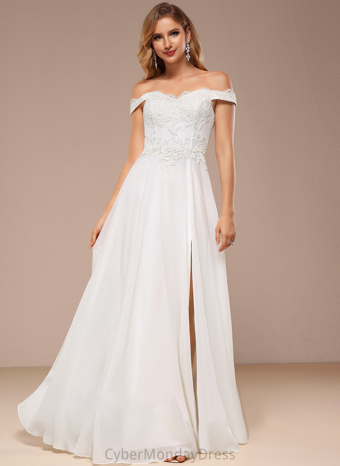 Sequins Wedding Dresses Off-the-Shoulder Dress Lace Gracie Floor-Length Wedding With A-Line Chiffon