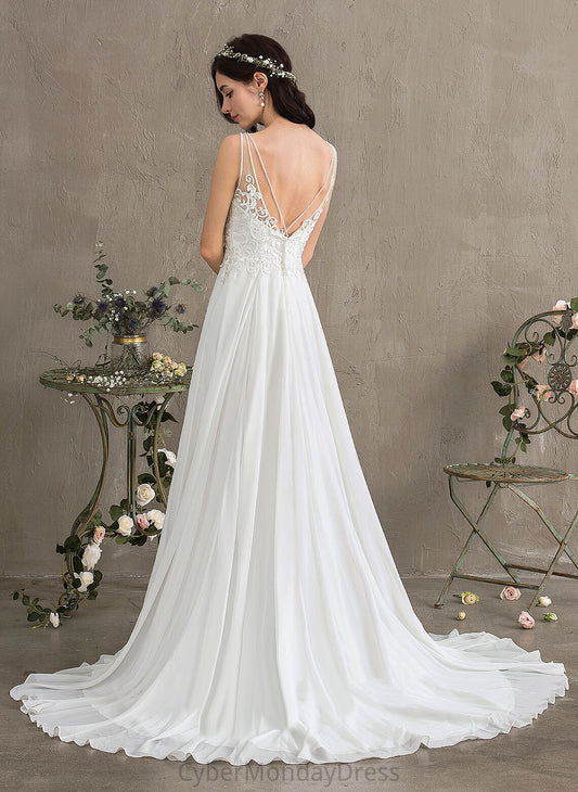 Train With Sequins Beading Lace Dress Front Wedding Wedding Dresses Dalia Chiffon Split Sweep A-Line V-neck