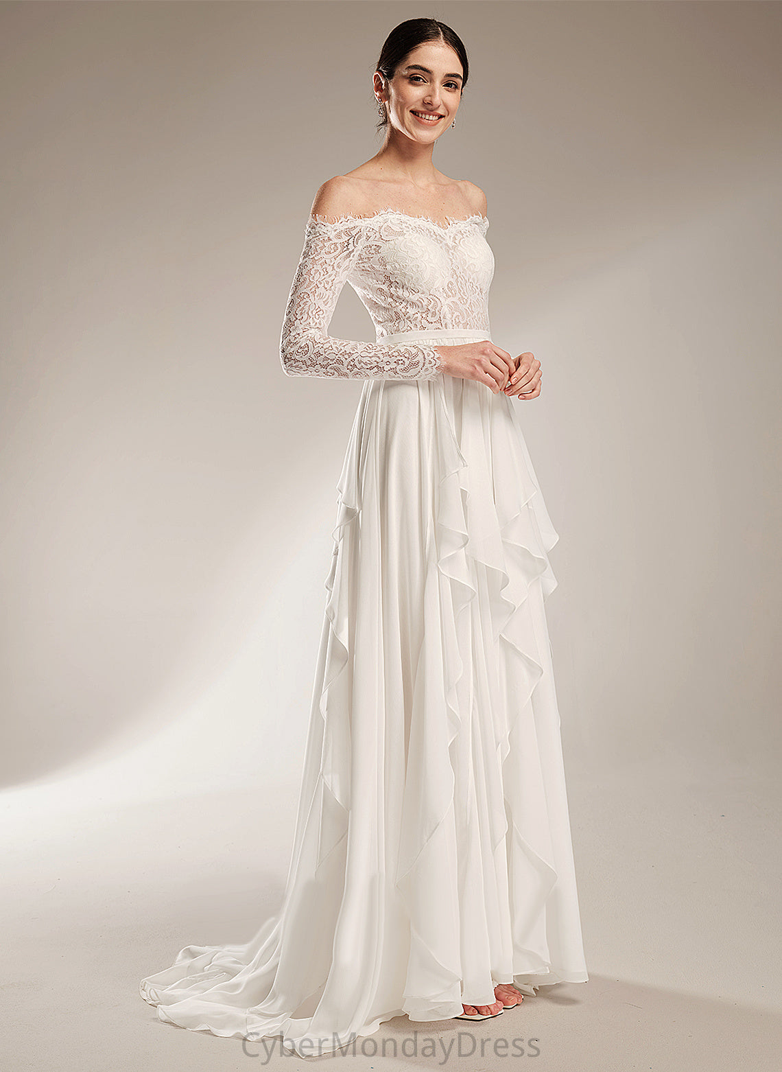 Carina Wedding Dresses Chiffon Dress A-Line Lace Wedding Train Court Ruffle With Off-the-Shoulder