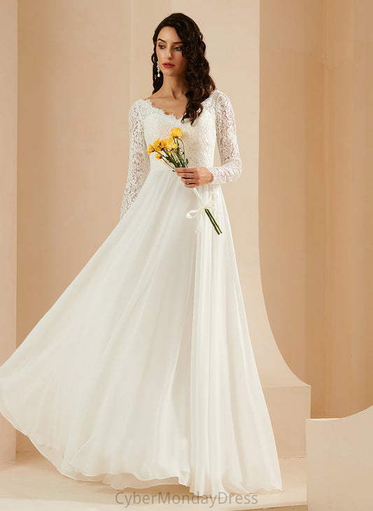 Sweep Wedding Dresses Chiffon Wedding Elaine Train Lace With A-Line Dress V-neck