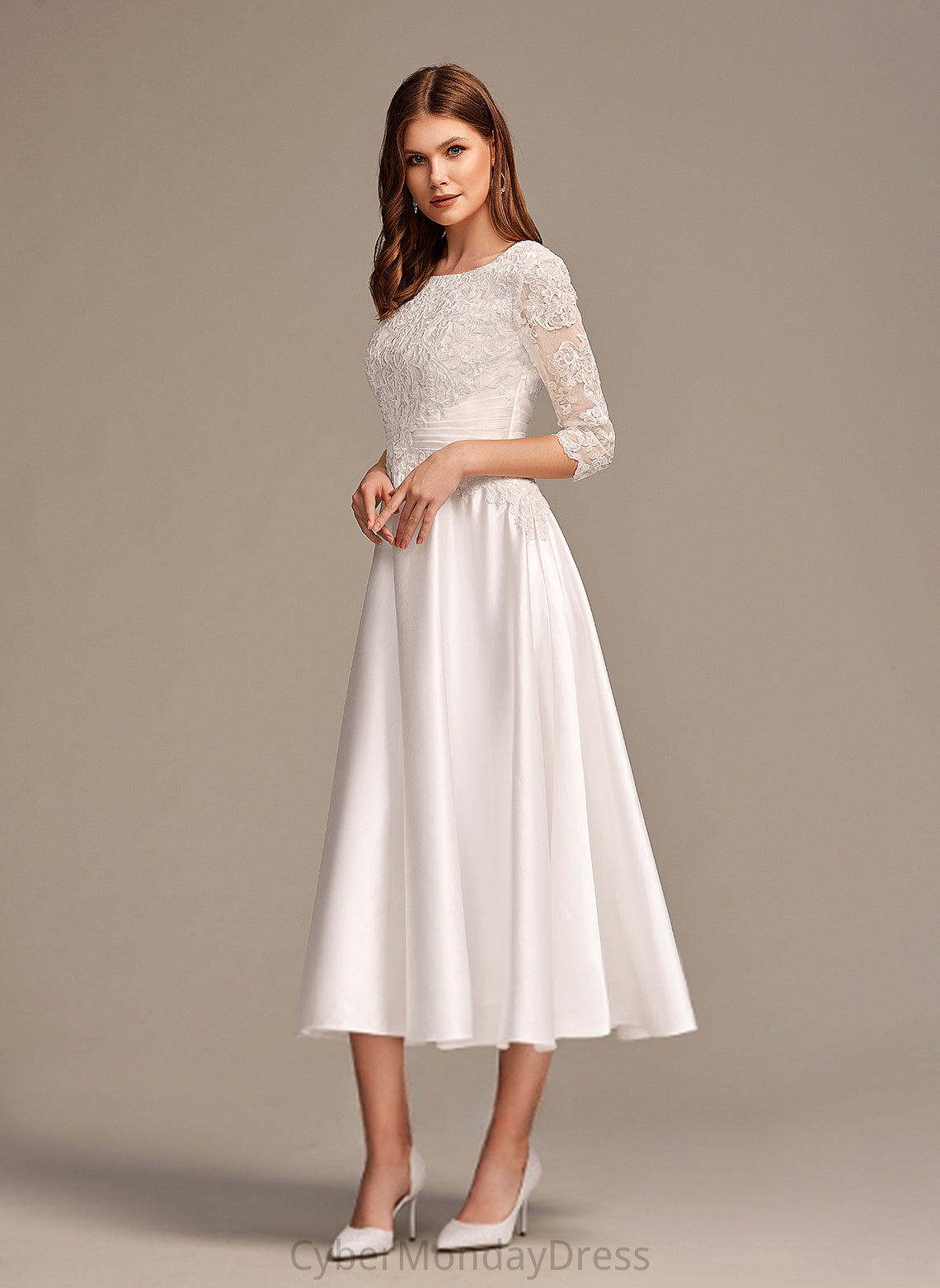 Leah Satin Wedding Scoop Tea-Length A-Line Wedding Dresses Lace Dress