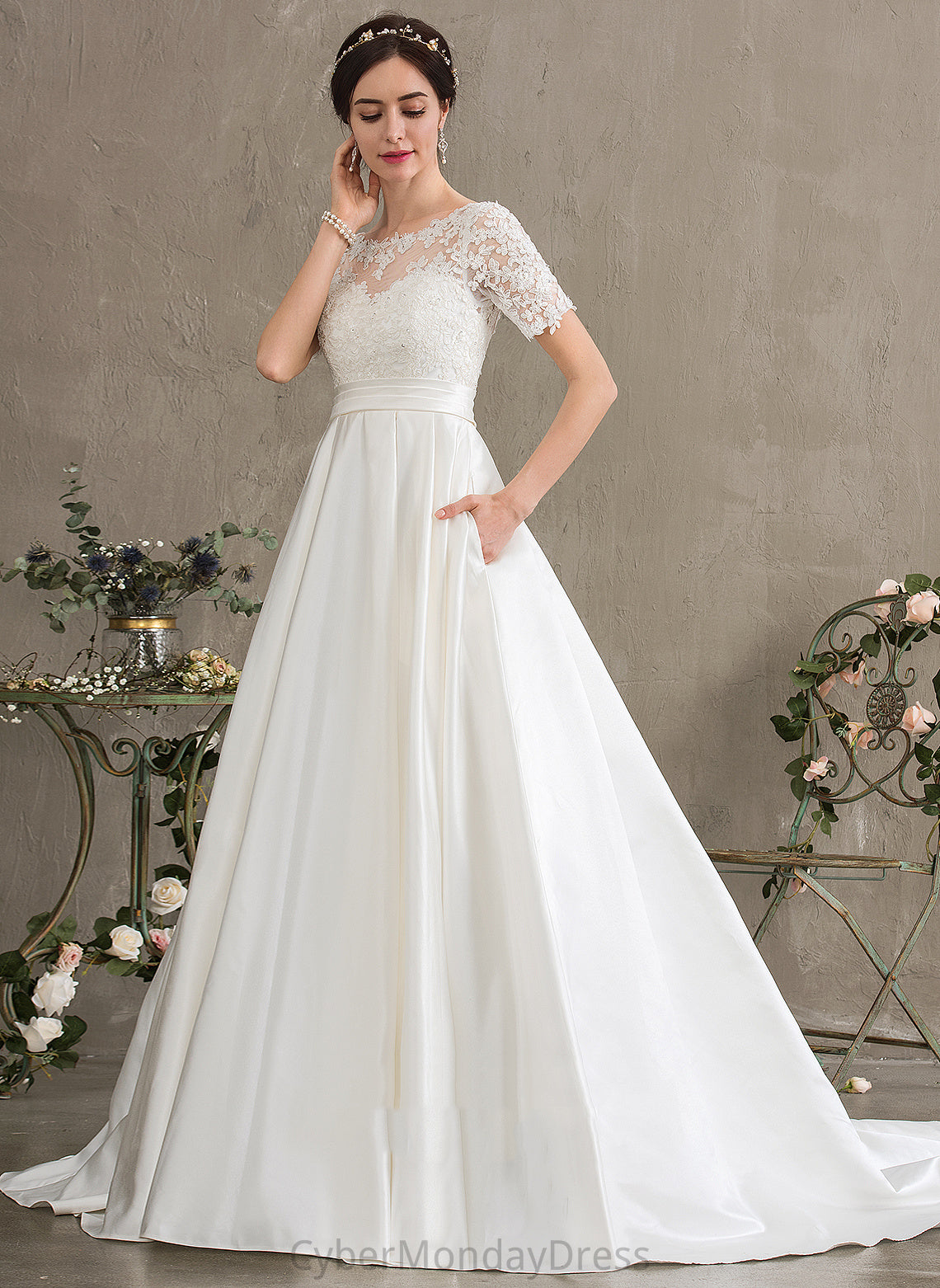 Beading Ball-Gown/Princess Satin Quintina Wedding Sequins Court Pockets With Lace Dress Train Wedding Dresses