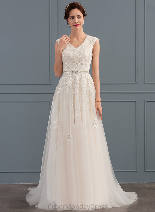 Sequins Dress Wedding Dresses A-Line With V-neck Train Sweep Beading Tulle Kelsie Wedding Lace Bow(s)