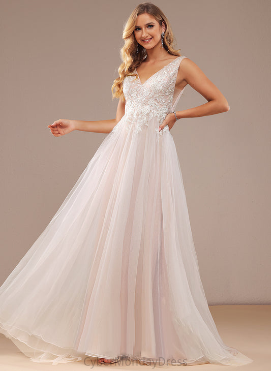 Ball-Gown/Princess V-neck Tulle Train Sweep Wedding Dresses Lace Wedding With Dress Lace Shaylee