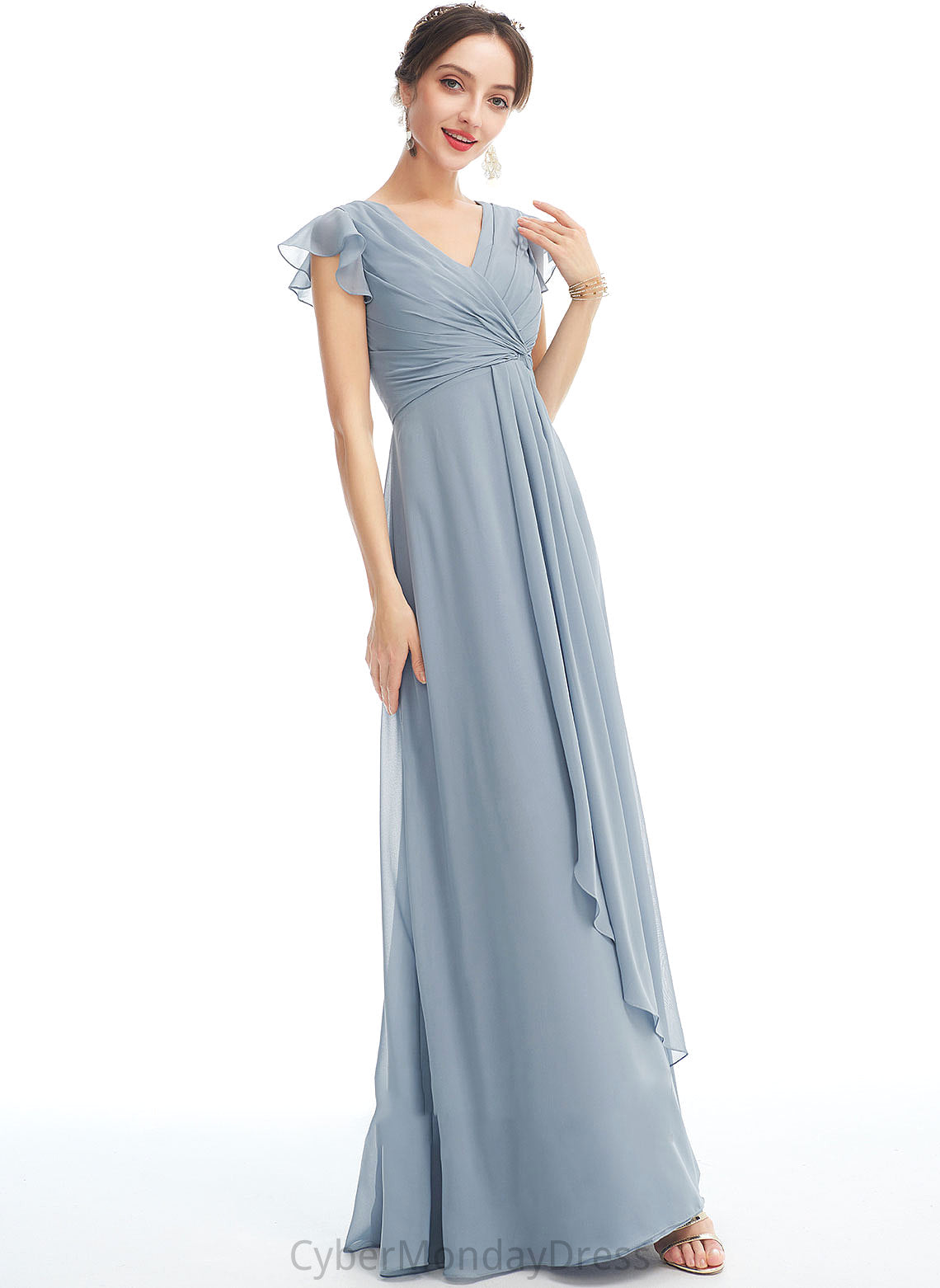 Silhouette Floor-Length Ruffle Fabric Embellishment SplitFront A-Line V-neck Neckline Length Adalynn Natural Waist Bridesmaid Dresses