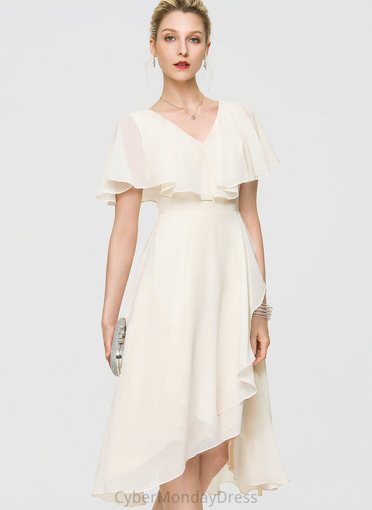 Dress Asymmetrical With Ruffles Bow(s) Raven V-neck Wedding Chiffon A-Line Wedding Dresses Cascading