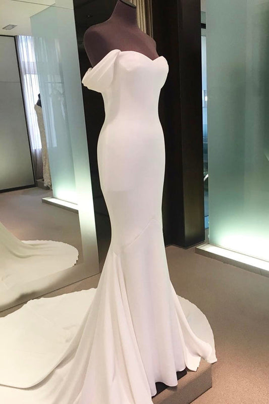 Simple Ivory Sheath Court Train Off The Shoulder Simple Long Beach Wedding Wedding Dresses