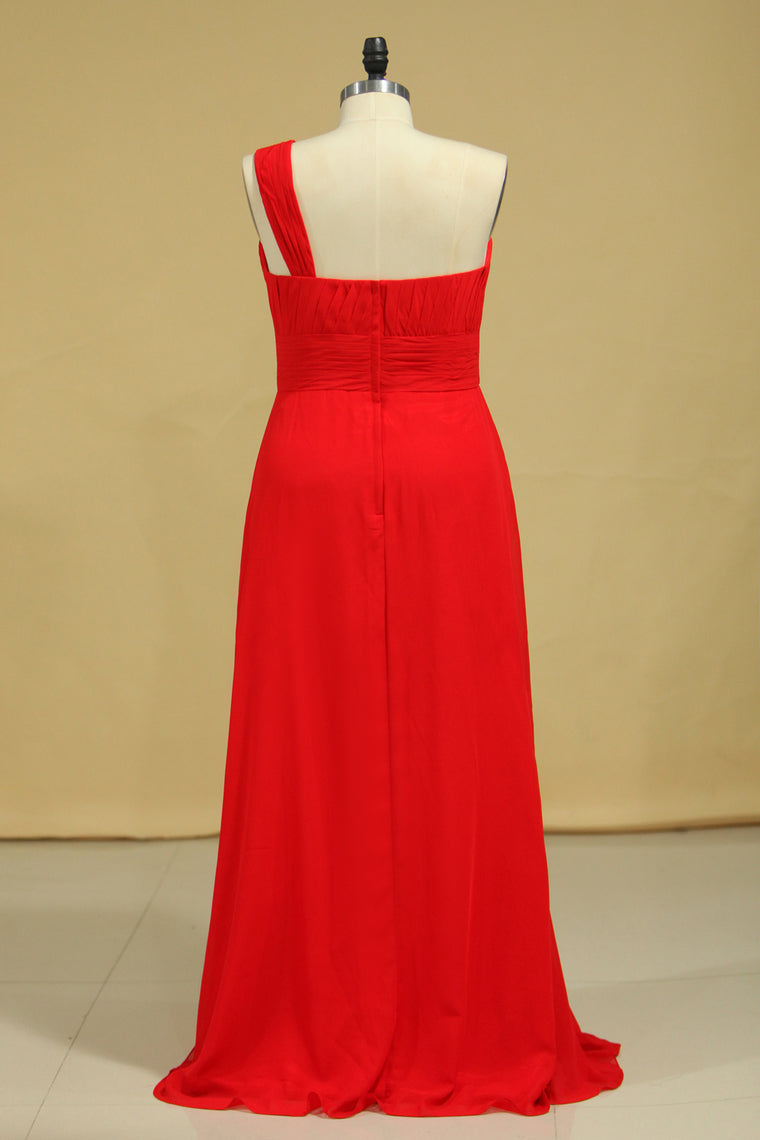 2024 Plus Size One Shoulder Bridesmaid Dresses Ruffled Bodice A-Line Chiffon Red