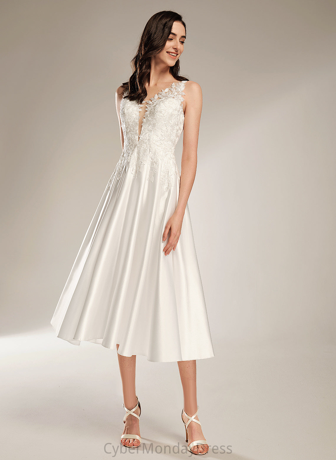 Tea-Length Wedding Dresses Wedding Dress Delaney A-Line V-neck Satin With Pockets Lace