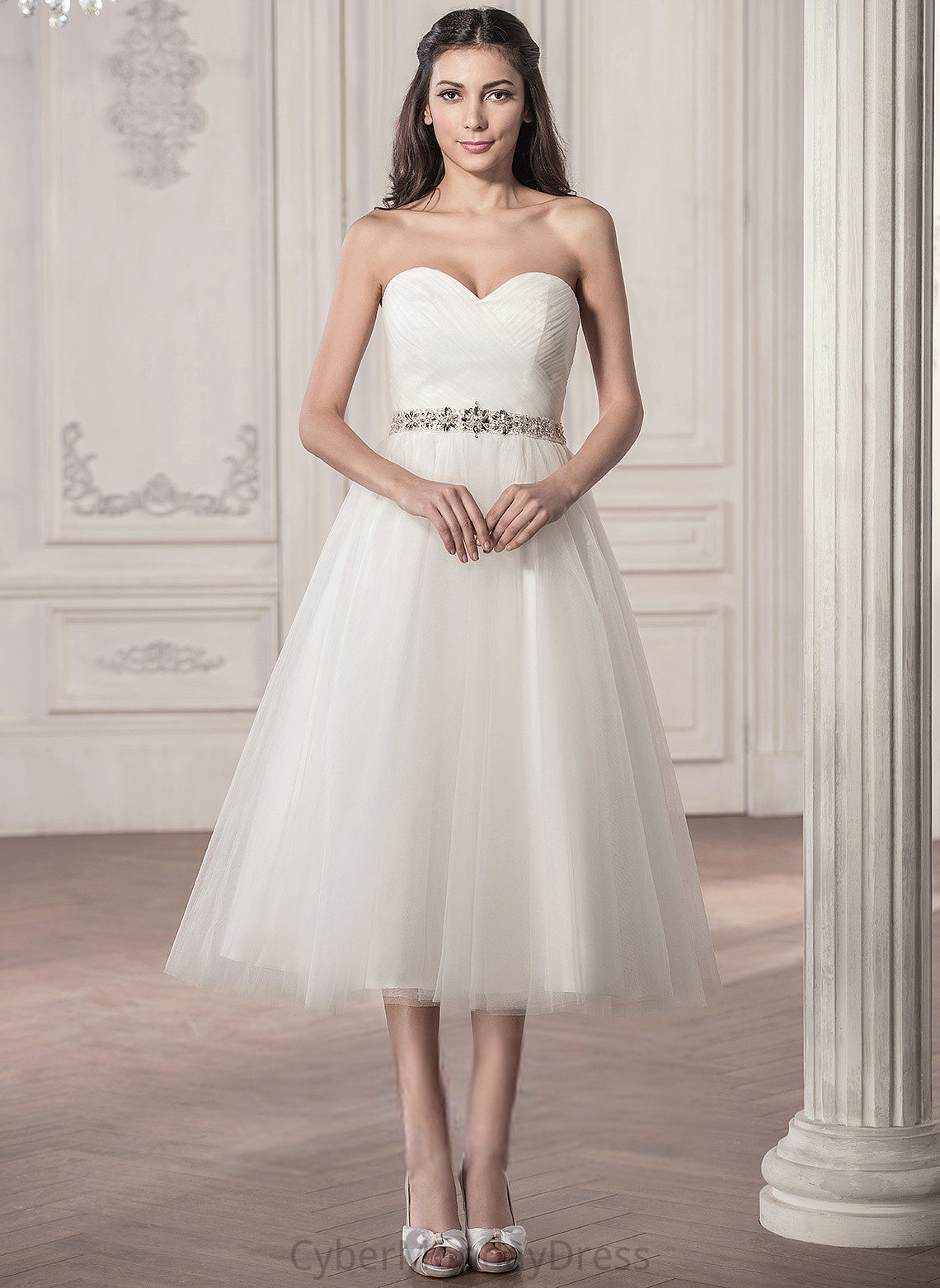 Tea-Length A-Line Beading Jaida With Tulle Sweetheart Dress Sequins Satin Ruffle Wedding Dresses Wedding