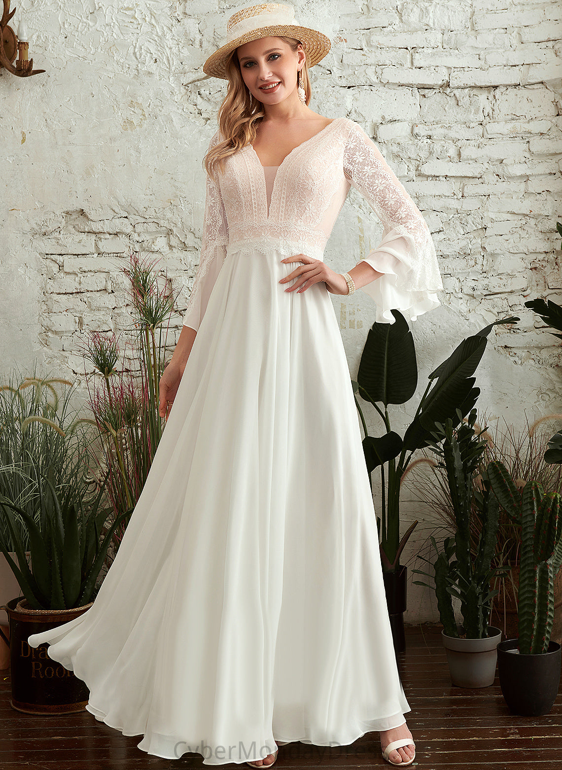 Wedding Dresses Chiffon V-neck Floor-Length A-Line Dress Claire Wedding Lace