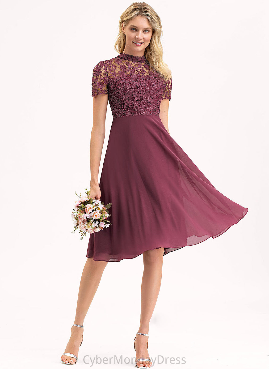 Length Fabric Lace ScoopNeck Silhouette A-Line Knee-Length Neckline Straps Emmy V-Neck Sleeveless Bridesmaid Dresses