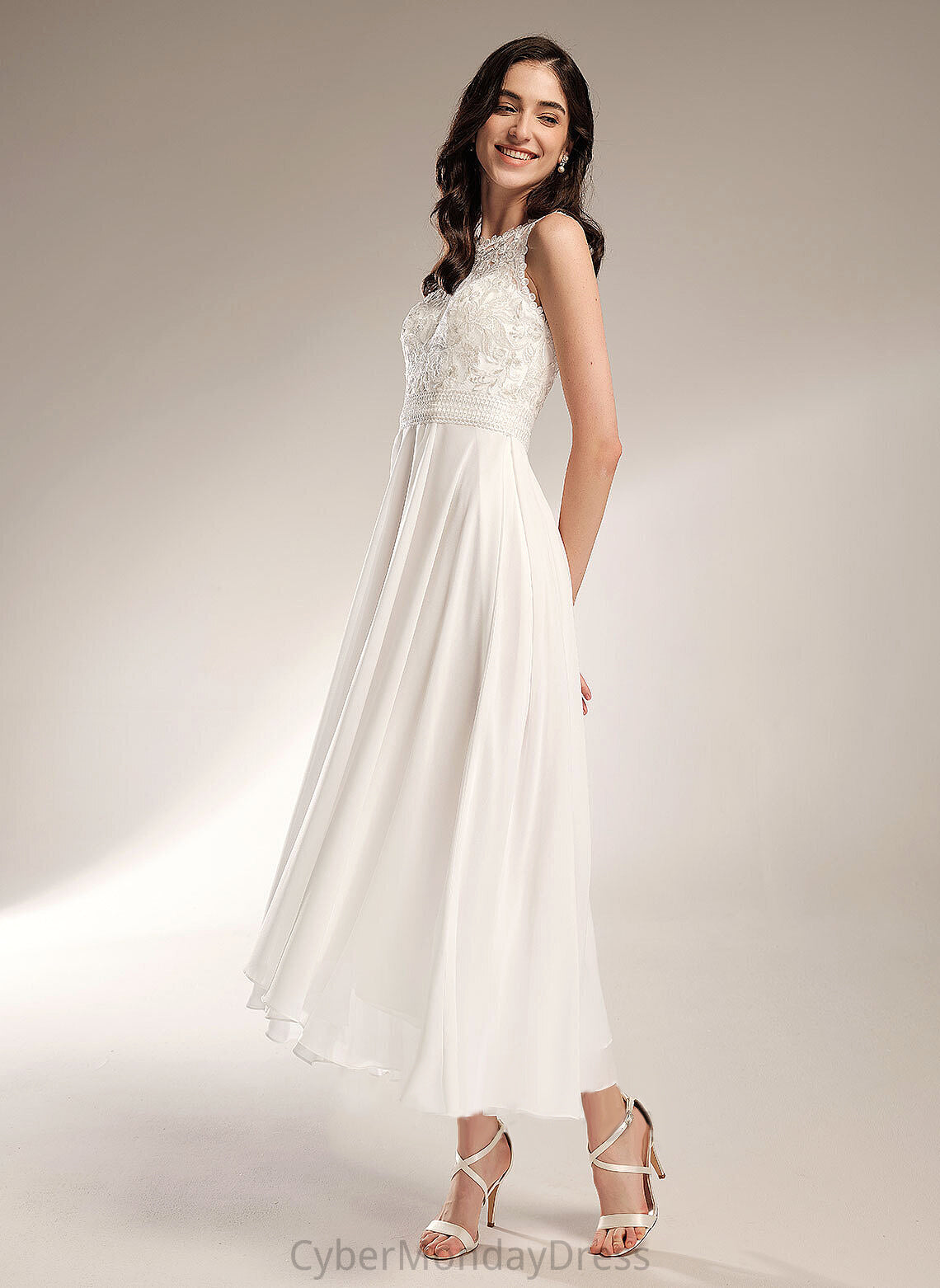 A-Line Dress Chiffon Asymmetrical Wedding Dresses Scoop Neck Lace Destinee Wedding