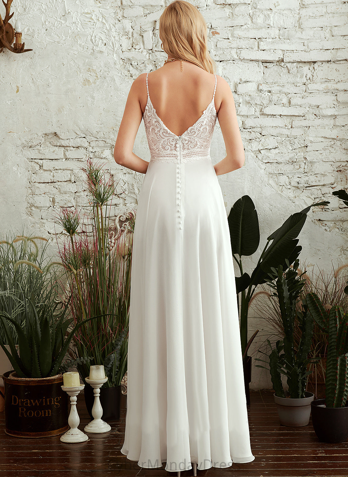 Split Floor-Length Chiffon Lace Wedding Dresses V-neck With Dress Mira Wedding Front A-Line