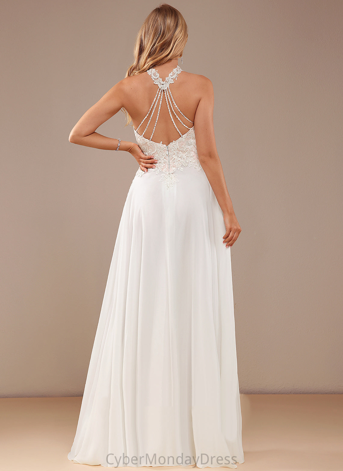 A-Line Lace Wedding Lace Chiffon Wedding Dresses Dress Aimee Split Beading Front High Floor-Length With Neck Sequins