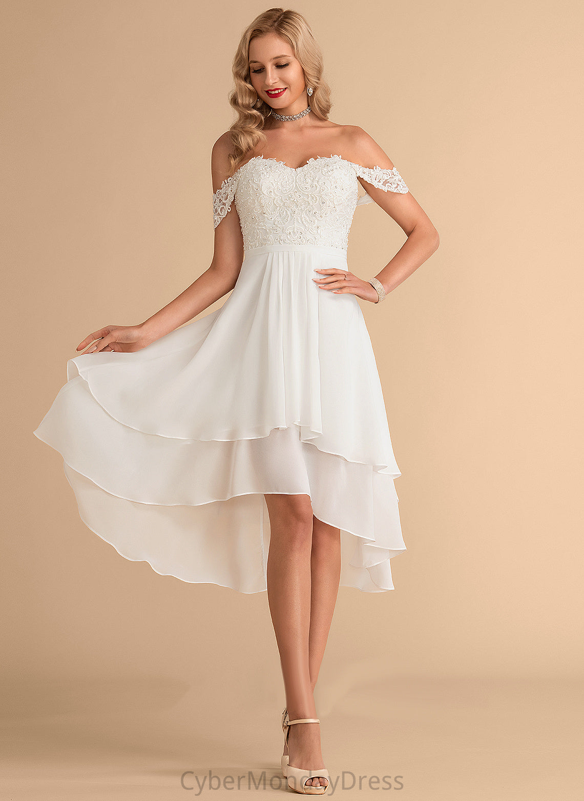 Lace Wedding Beading Jazlynn Sequins Dress Asymmetrical Off-the-Shoulder Chiffon A-Line With Wedding Dresses