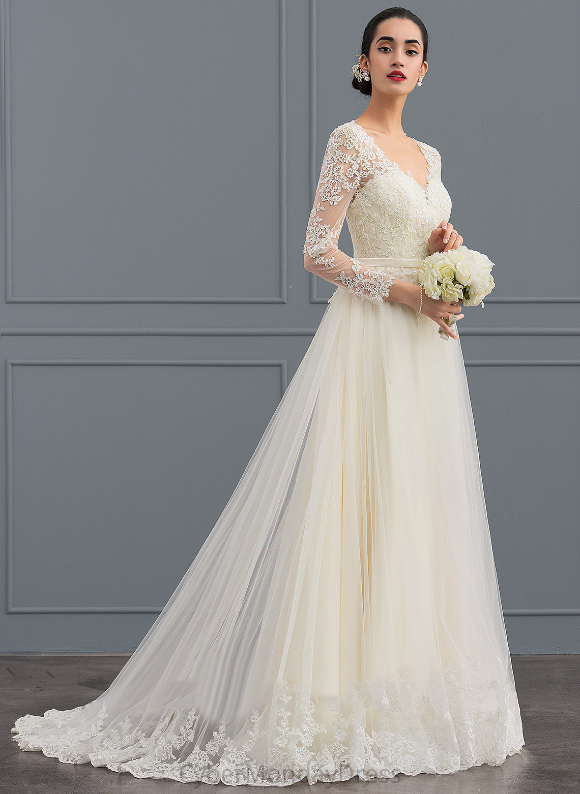 Wedding Dresses Ball-Gown/Princess Lace Jaslyn Dress Wedding Tulle V-neck Train Sweep