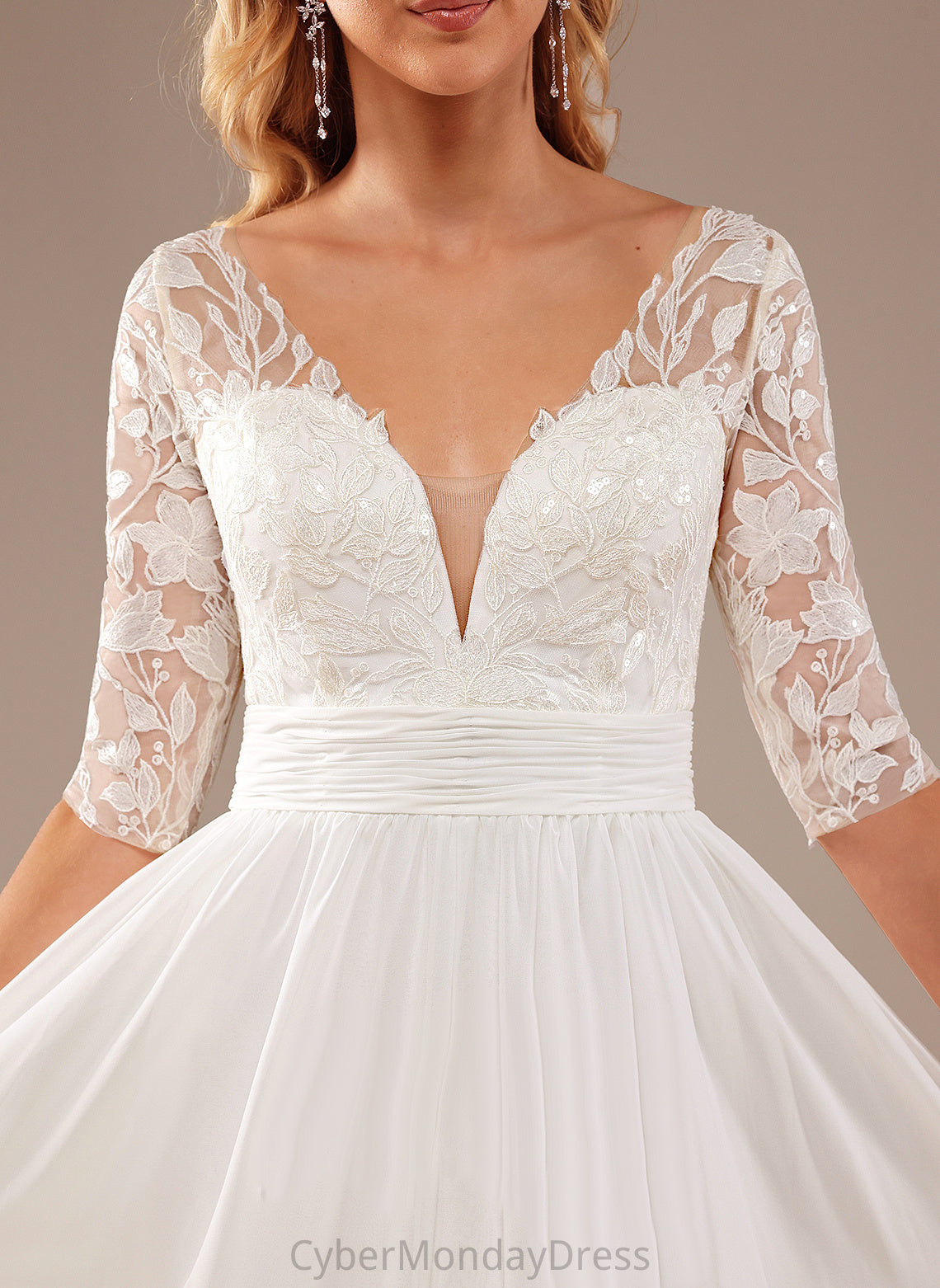 Lace V-neck Floor-Length Jordyn Sequins With Wedding A-Line Dress Lace Wedding Dresses Chiffon Ruffle