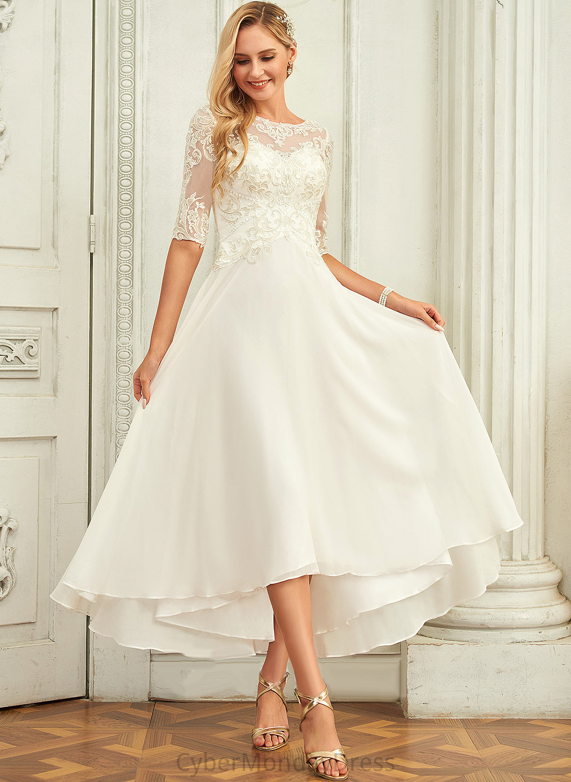 Chiffon Wedding Dresses A-Line With Sequins Viv Wedding Beading Asymmetrical Scoop Dress Lace