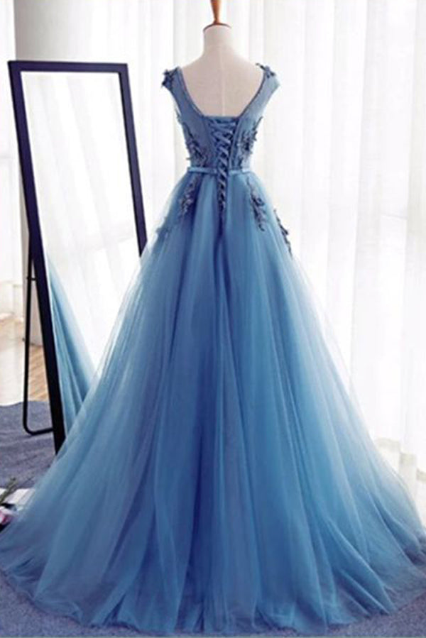 Princess Blue A Line Floor Length Tulle Mid Back Floral Boat Prom Dresses