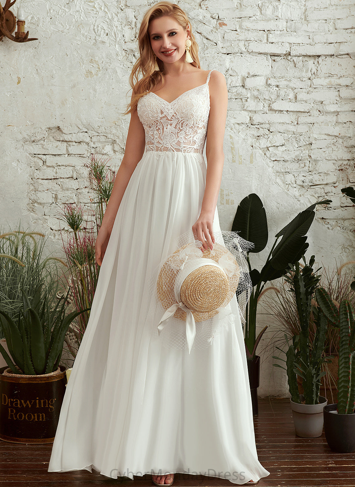 With A-Line Chiffon Lace Dress Wedding Wedding Dresses Anaya V-neck Beading Floor-Length